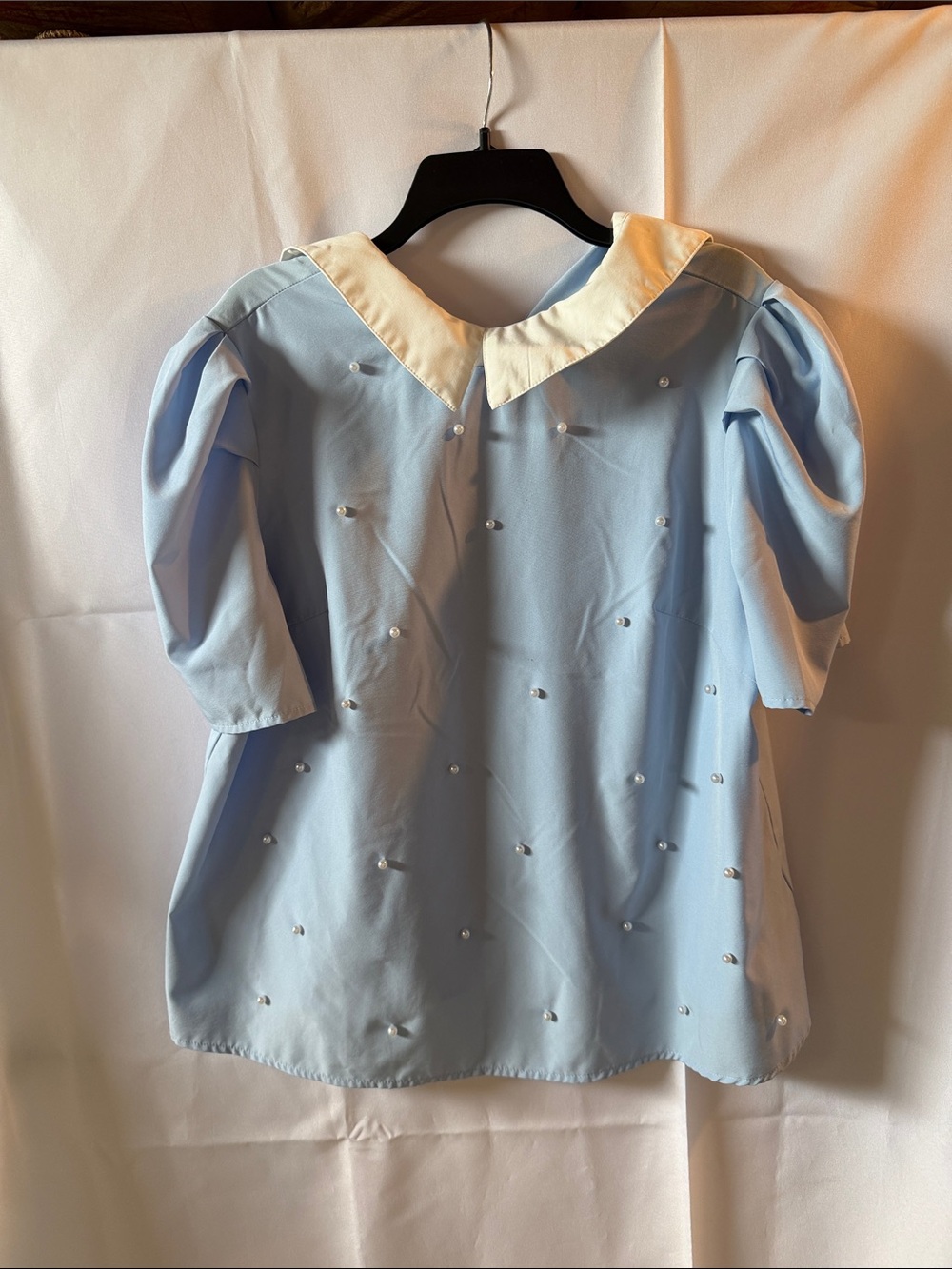 Light Blue Pearl-Embellished Top with White Peter Pan Collar